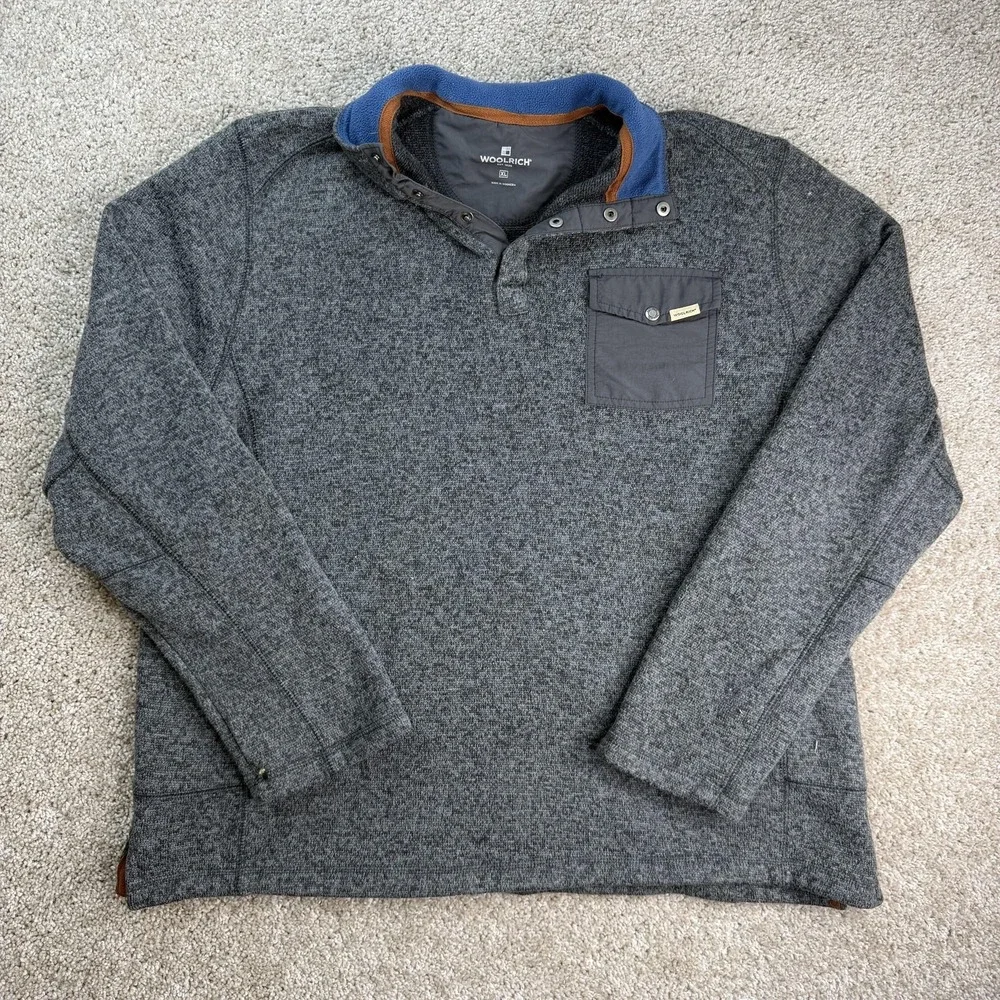 Woolrich Sweater Mens XL Gray Polyester Collared Henley Knit Pullover Casual